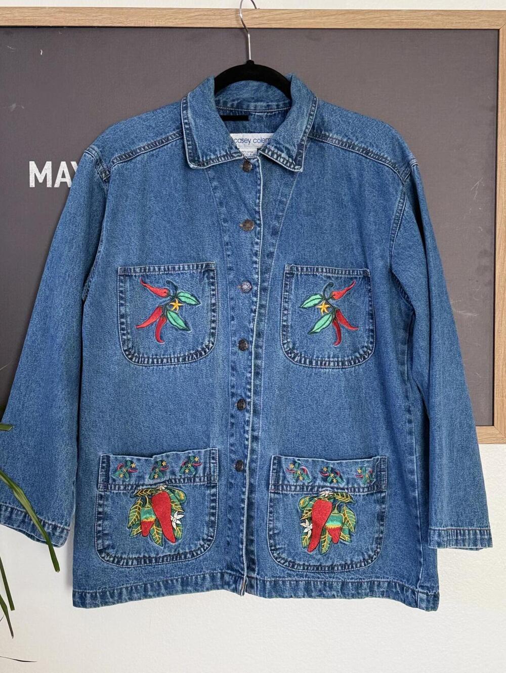 Casey Coleman Denim Jacket Embroidered Chili Pepper Blue Cotton size 9
